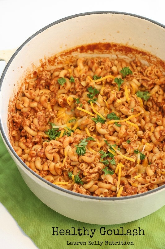 Healthy Goulash in a white pot.