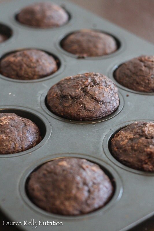 Double Chocolate Quinoa Muffins in a baking pan.