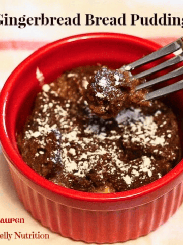 Gingerbread bread pudding with text overlay on the top.
