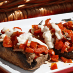 Tomato basil brushetta over portobello mushrooms.