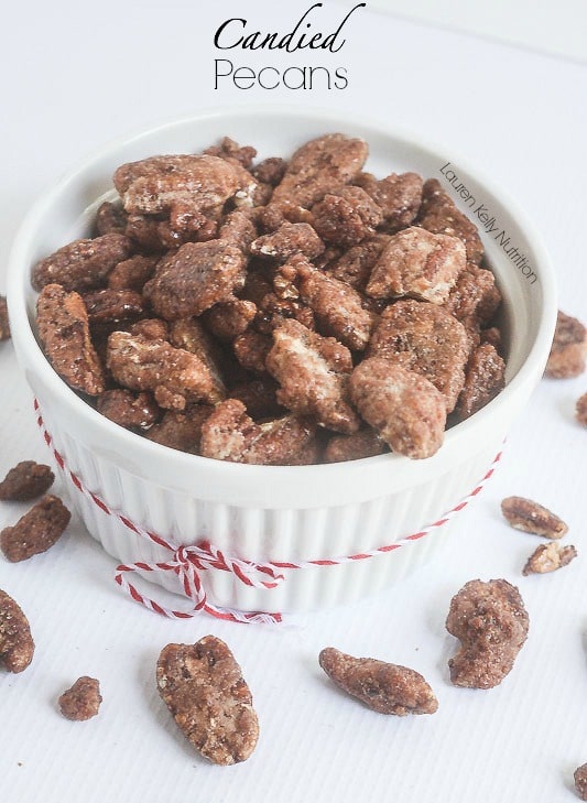 Candied Pecans in a small white bowl.