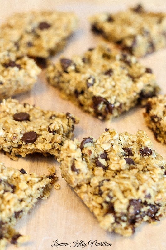 Slow Cooker Healthy Oatmeal Chocolate Chip Cookies on a wood tray.