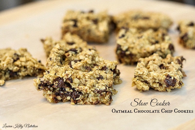 Slow Cooker Healthy Oatmeal Chocolate Chip Cookies on a wood board.