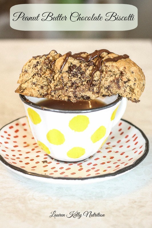 Peanut Butter Chocolate Biscotti on a polka dot mug.