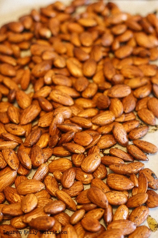 Chili lime almonds on a baking sheet.