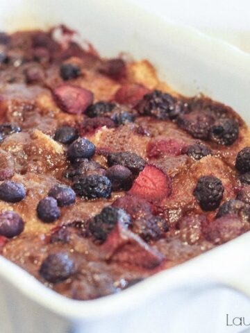 Horizontal picture of French toast casserole in a white casserole dish.