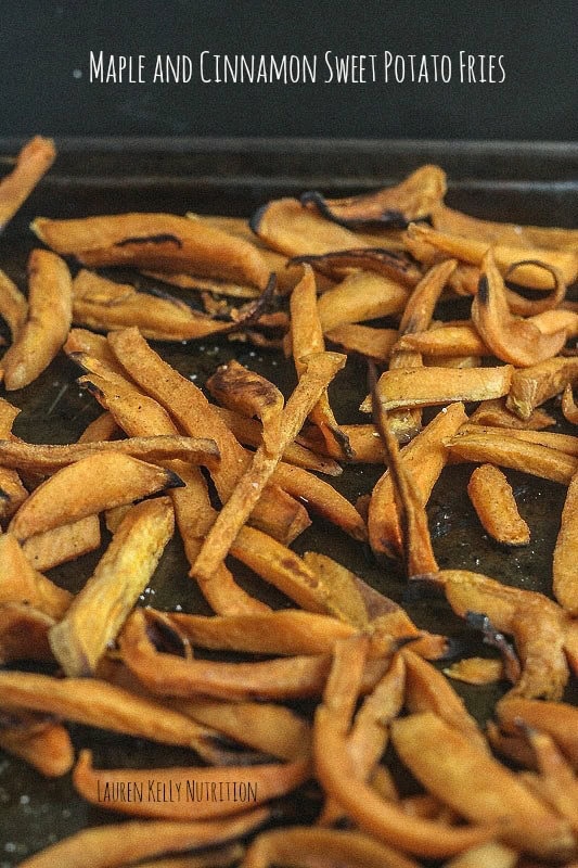 Maple and Cinnamon Sweet Potato Fries on a baking sheet.