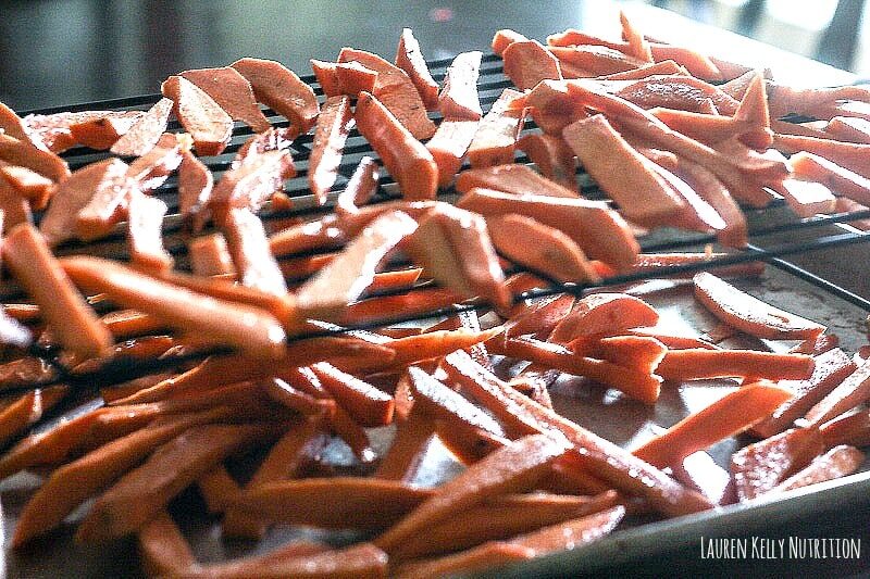 Sweet potato fries in the oven.