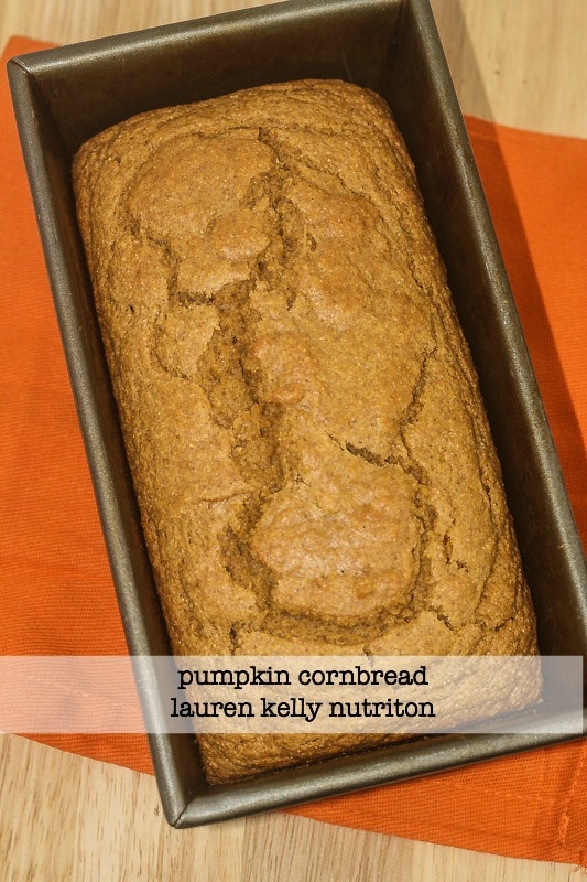 Pumpkin Cornbread in a pan.