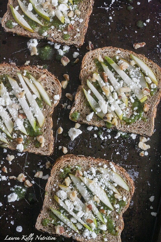 The Toast with The Most,make your toast delicious with Dave's Killer Bread and Lauren Kelly Nutrition, Walnut Pesto with Sliced Pears and Gorgonzola Cheese on Toast