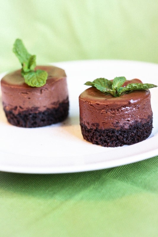Two Mint Chocolate Mini Cheesecakes with mint leaves on top on a white plate.