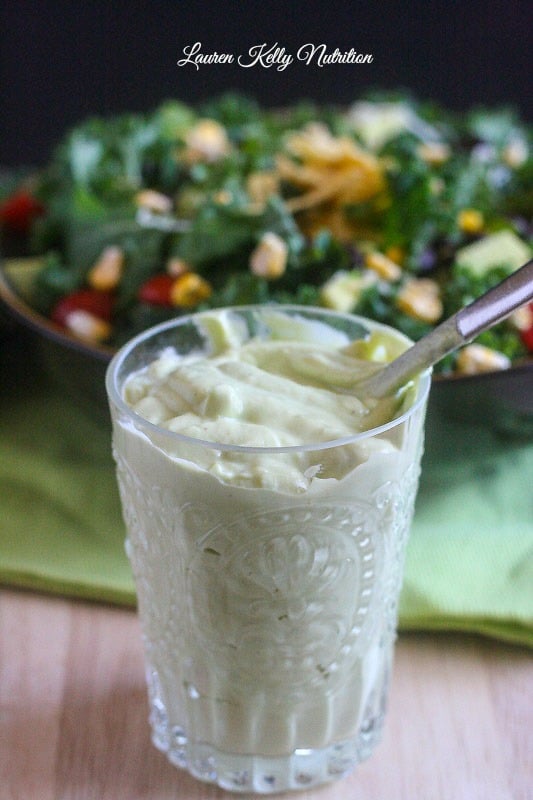 Creamy avocado dressing in a jar.