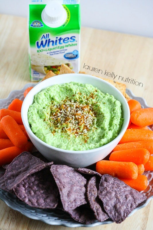 At only 58 calories per serving, this High Protein Edamame Hummus is healthy and crazy delicious! #AllWhitesEggWhites