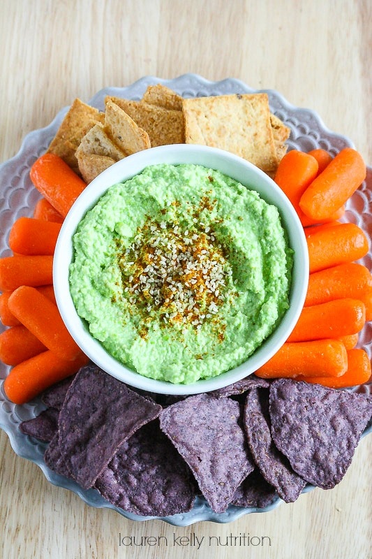 At only 58 calories per serving, this High Protein Edamame Hummus is healthy and crazy delicious! #AllWhitesEggWhites