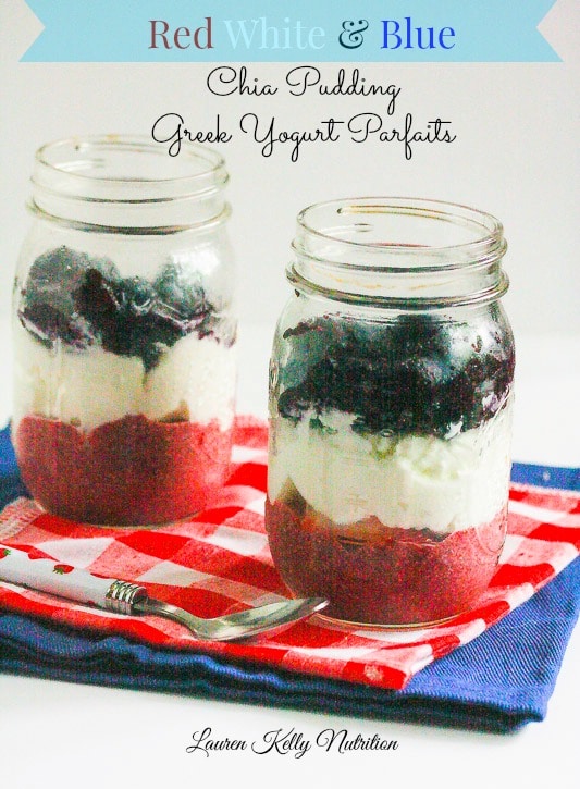 These Red White & Blue Chia Pudding Greek Yogurt Parfaits are the perfect, healthy snack for the holidays! www.laurenkellynutrition.com #healthy