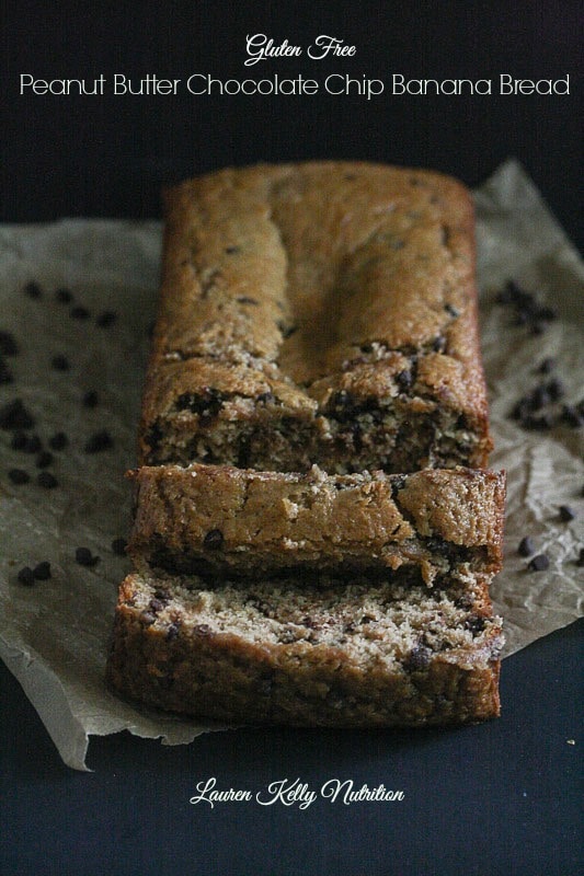 Peanut butter chocolate chip banana bread on a parchment paper.