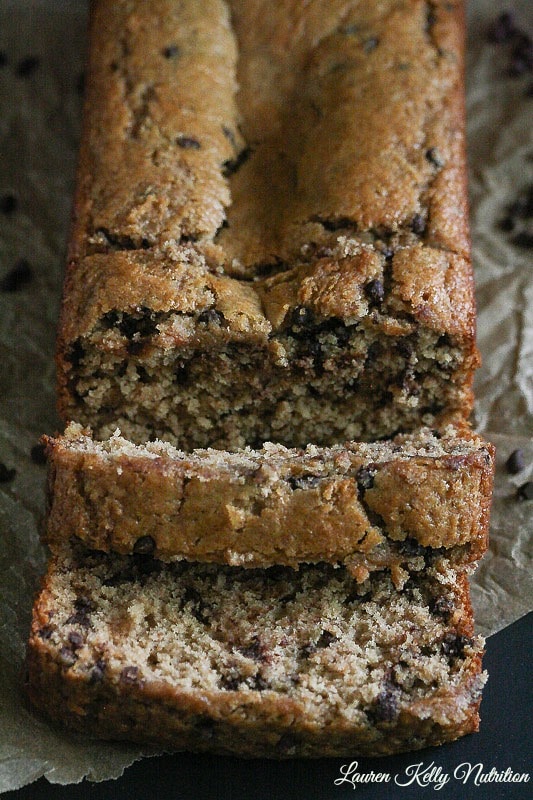 Peanut butter chocolate chip banana bread close up and sliced.