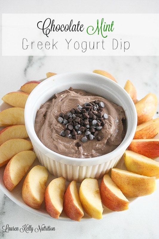 Chocolate Mint Greek Yogurt Dip is delicious, healthy and take 5 minutes to prepare! www.laurenkellynutrition.com #ChocolateForJoan #ChocolateEveryDamnDay
