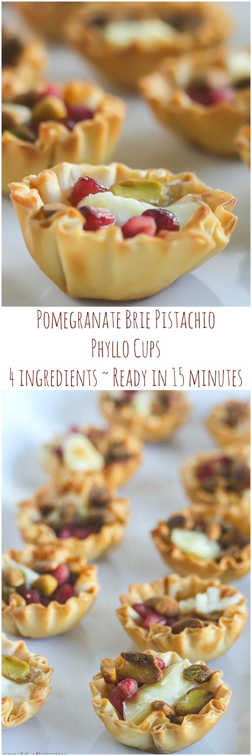 Four Ingredient Pomegranate Brie Pistachio Phyllo Cups are perfect for any party and are ready in 15 minutes!