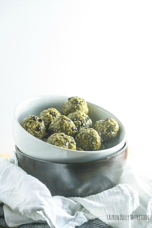 Crispy Mint Chocolate Chip Balls in brown and a white bowl.