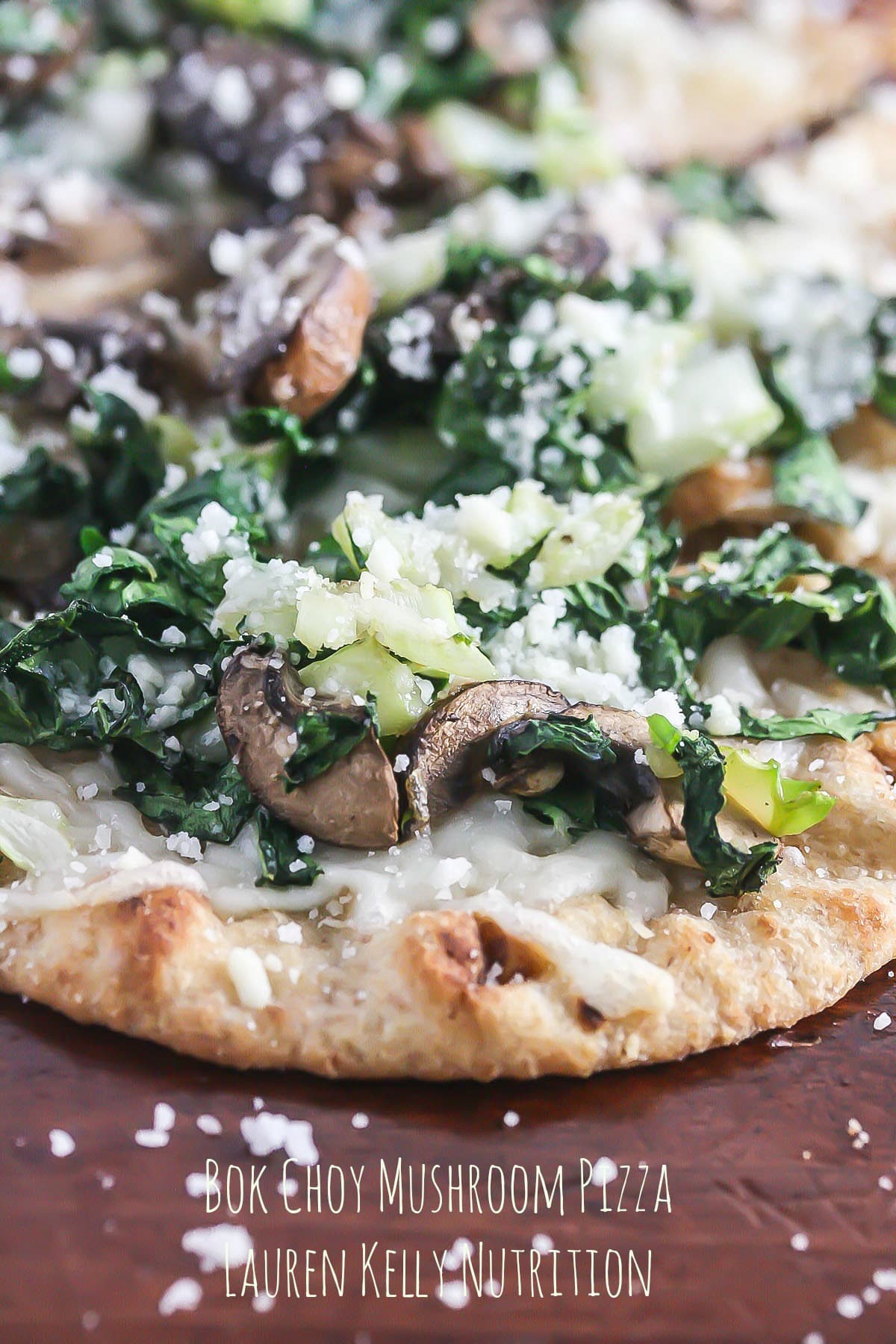 Bok Choy Mushroom Pizza close up.