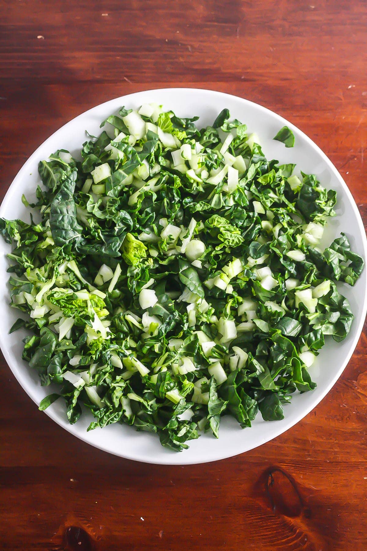 Bok Choy chopped on a plate.