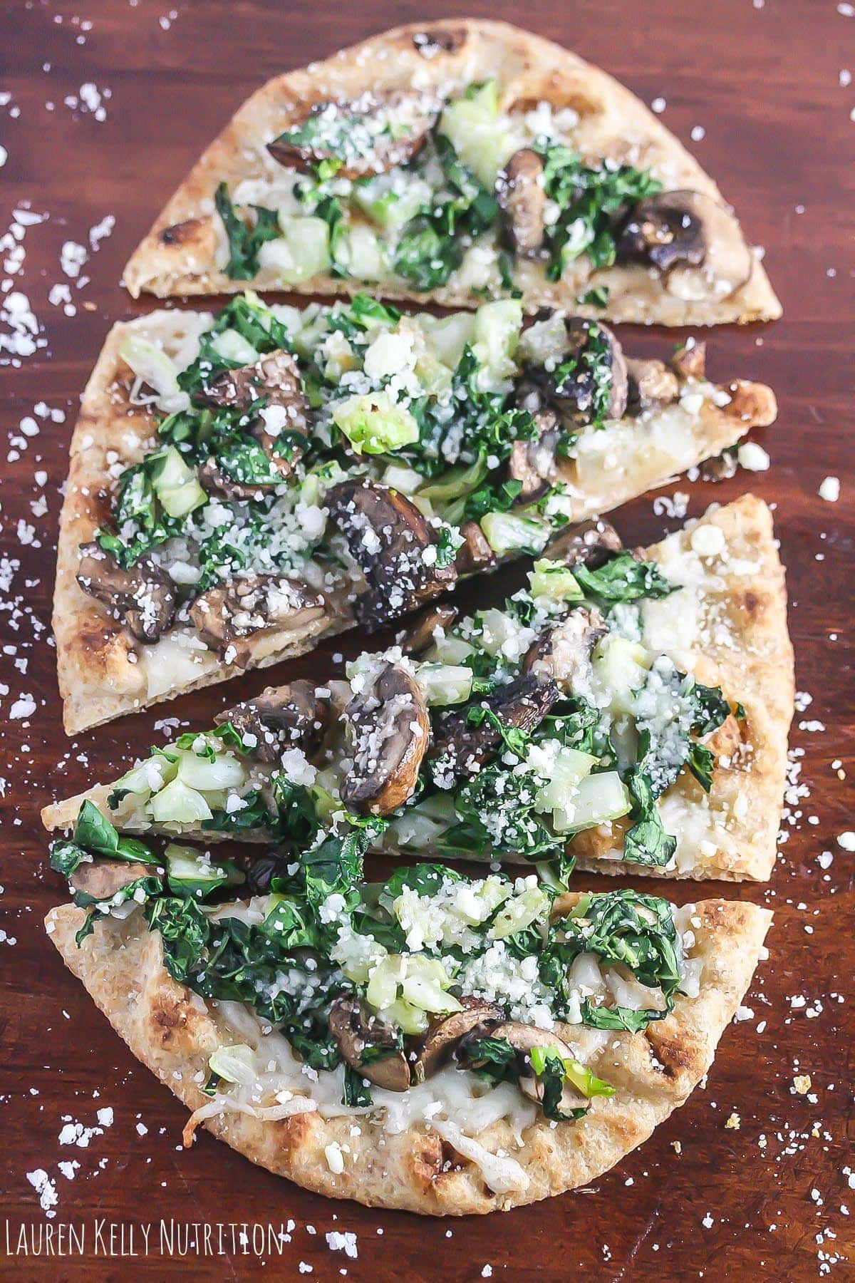 This Bok Choy Mushroom Pizza on a tray.