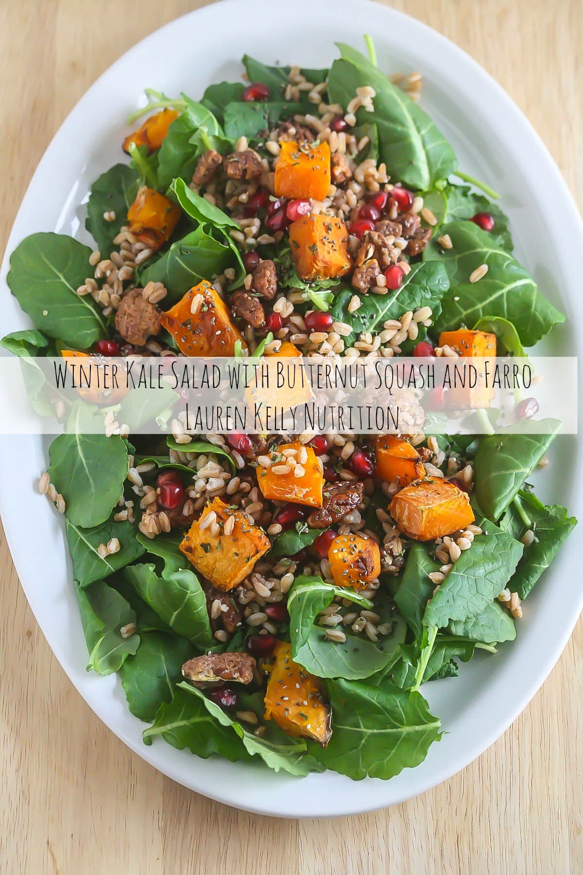 Winter Kale Salad with Butternut Squash and Farro on a white plate.