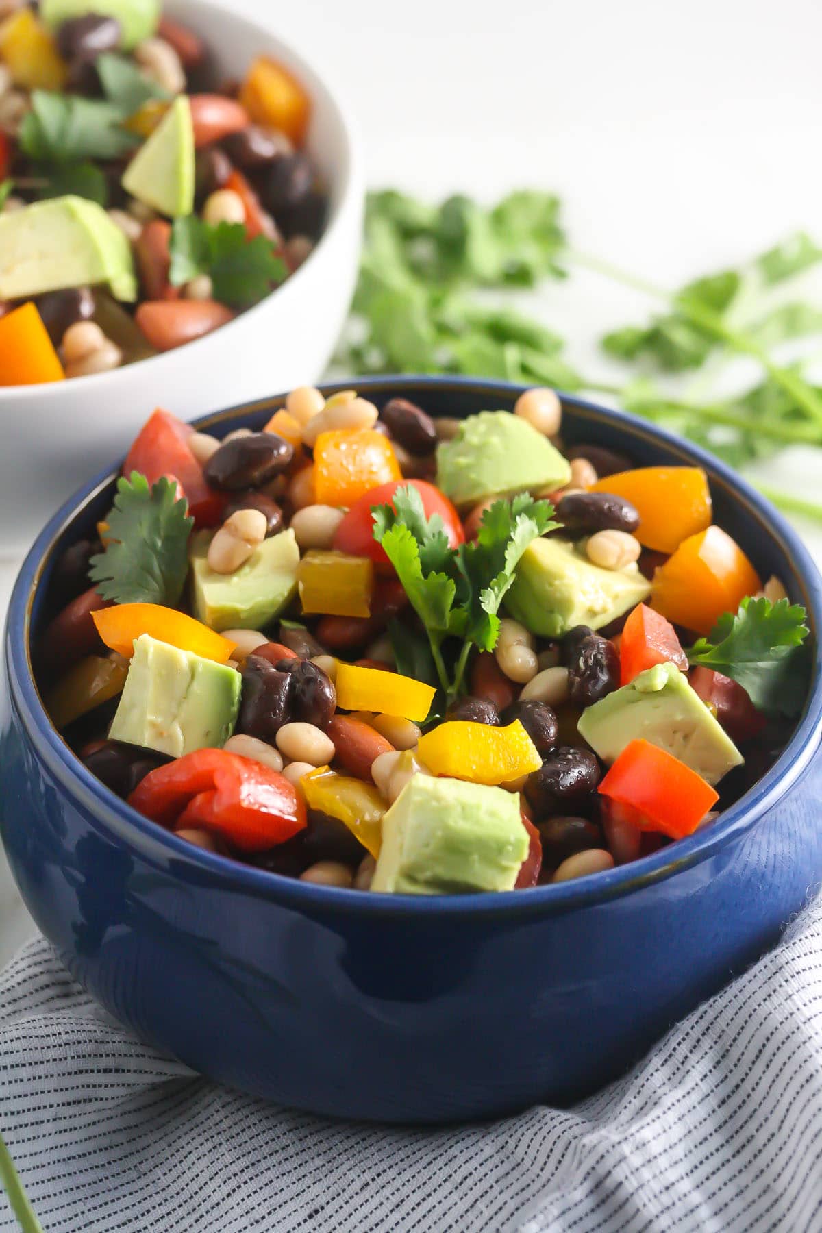 Mexican Bean Salad in a blue bowl with cilantro on top.