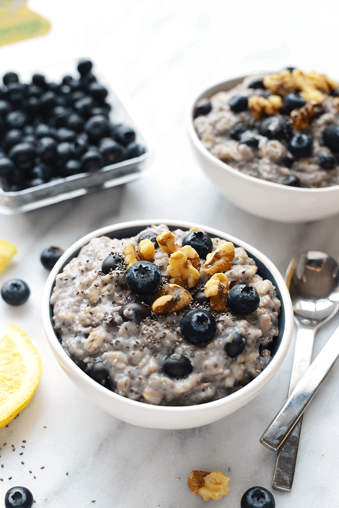 Blueberry Chia Oatmeal in a white bowl.