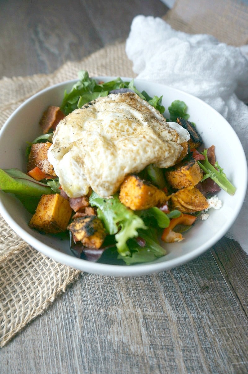 Sweet Potato Breakfast Salad from A "Mind" Full Mom. Seasoned, roasted sweet potatoes are tossed with a mixed greens and sharp feta cheese. Finished off perfectly with fried egg. 