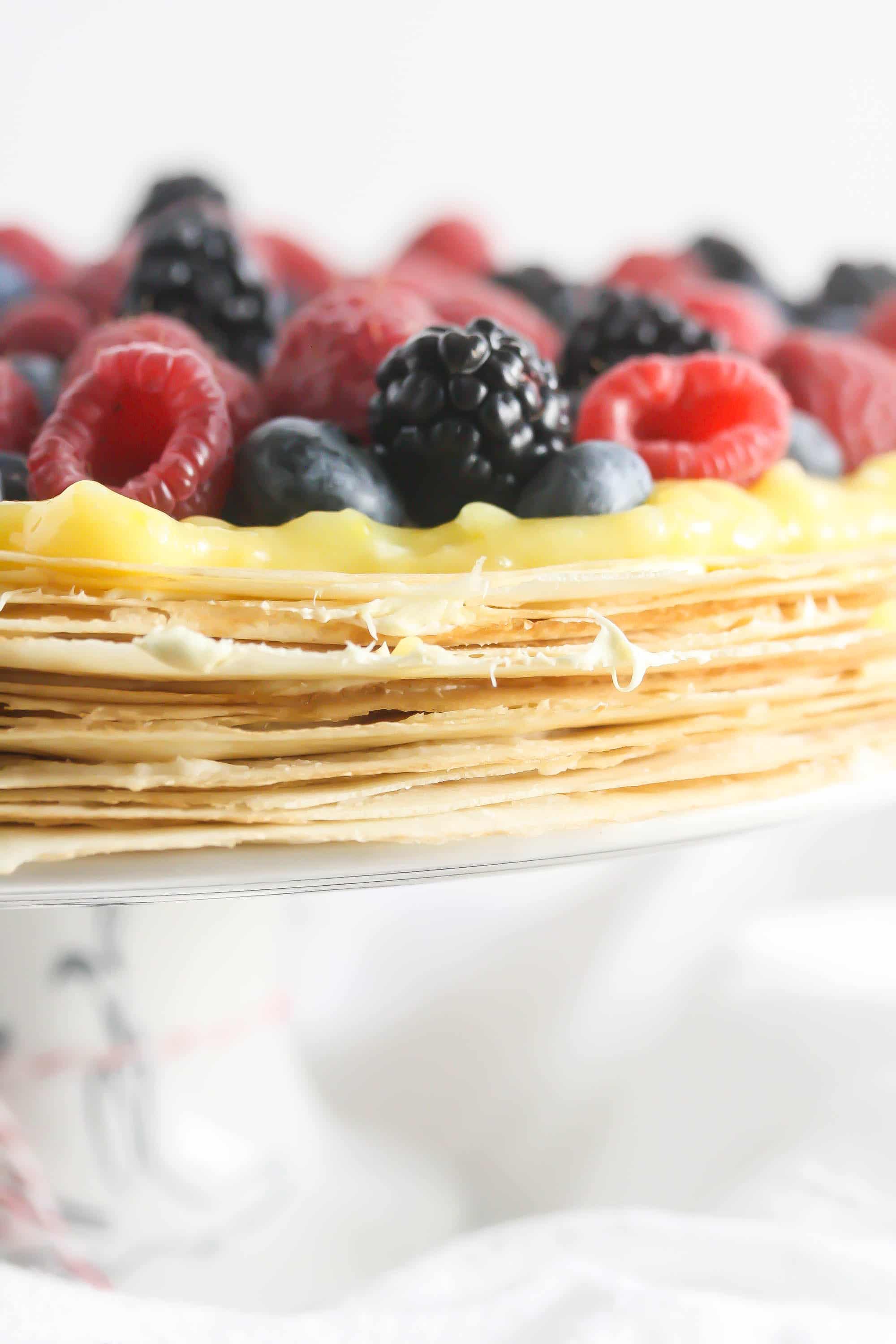 Close up of Buttercream Crepe Cake with Lemon Curd Topping