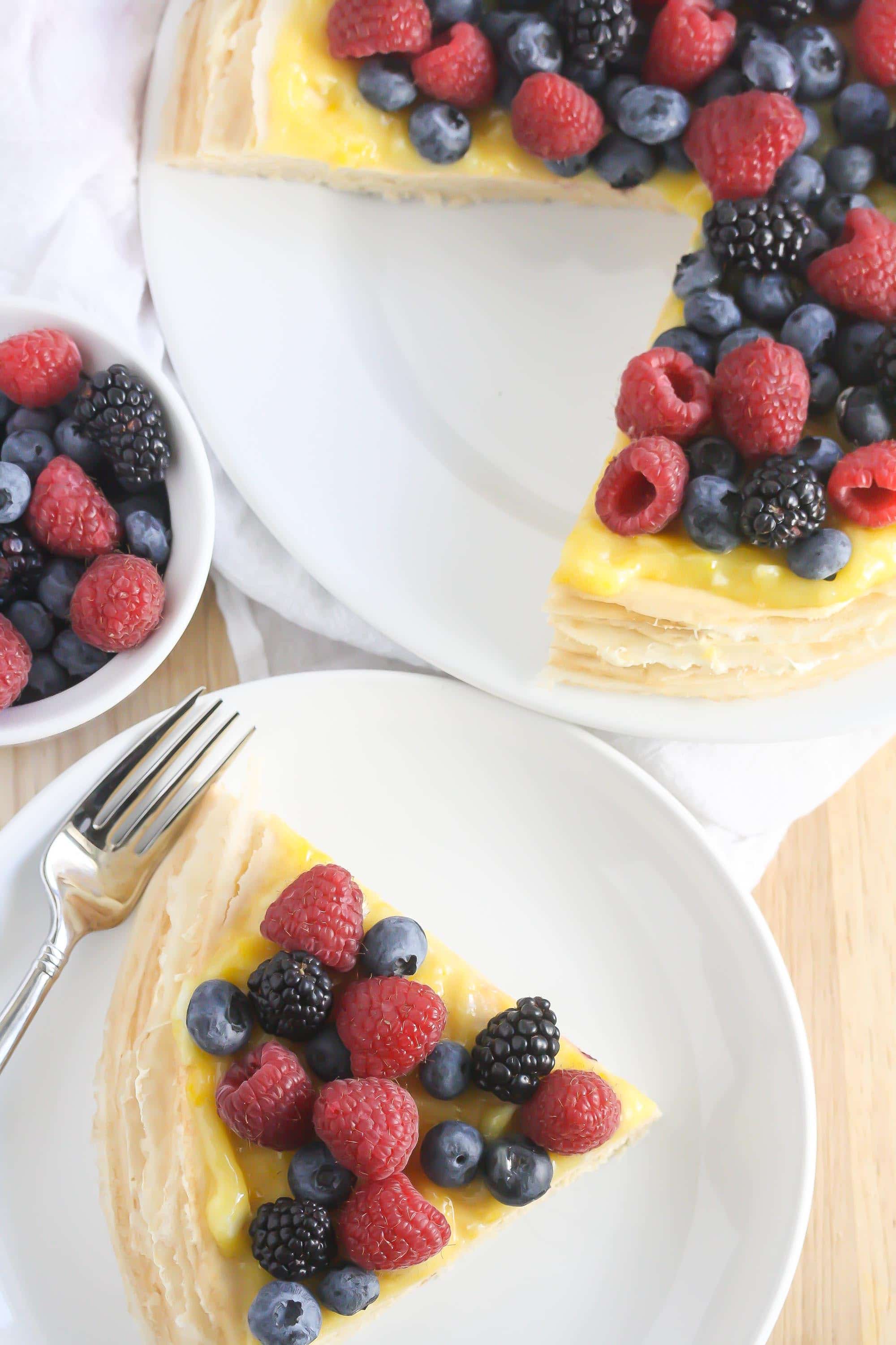 Over head view of Buttercream Crepe Cake with Lemon Curd Topping