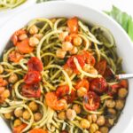 Squash Noodles with Kale Arugula Pesto with Roasted Chickpeas is bursting with flavor! #vegan www.laurenkellynutrition.com