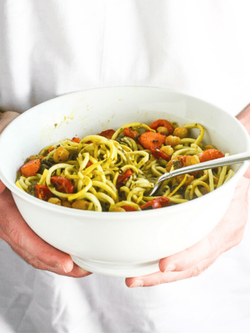 Squash noodles with kale arugula pesto and roasted chickpeas.