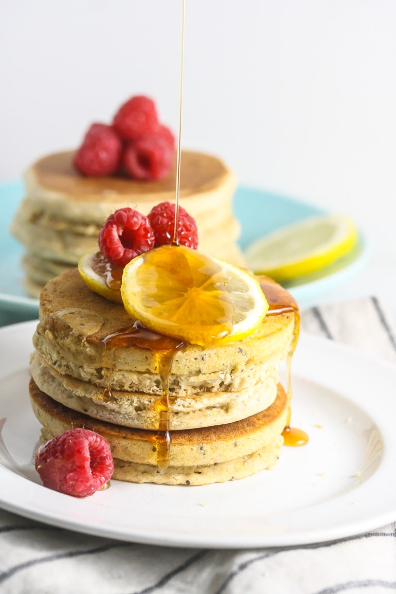 These Vegan Lemon Chia Seed Pancakes are light, fluffy and simple to make! From Lauren Kelly Nutrition