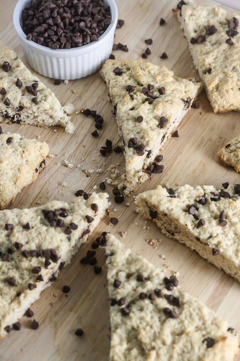 Chocolate Chip Scones on a wood tray.