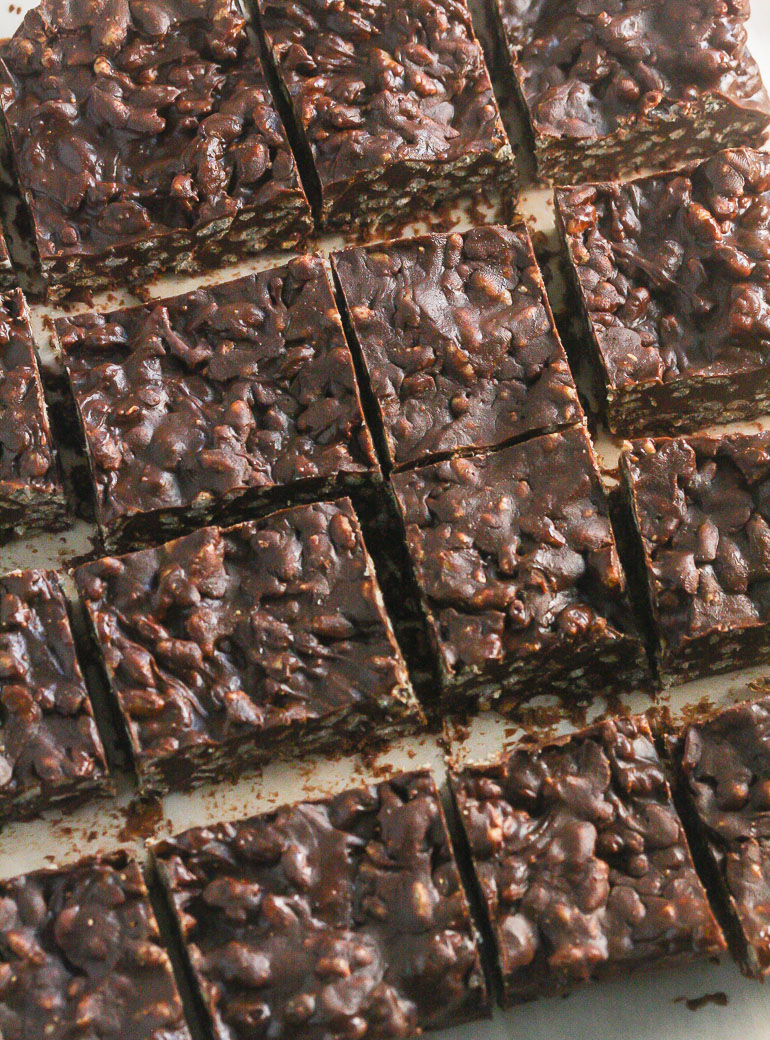 Crunchy No Bake Chocolate Peanut Butter Bars on a baking tray.