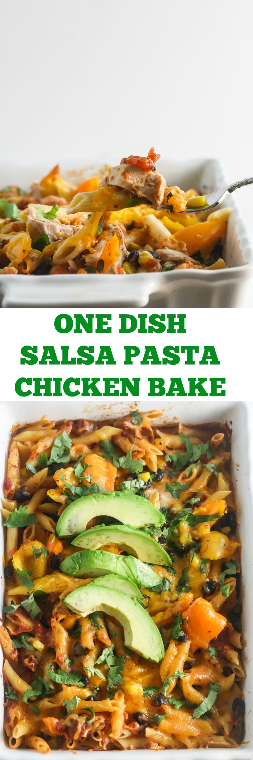 This One Dish Salsa Pasta Chicken Bake takes less than 10 minutes to prepare and the pasta doesn't need to be cooked before hand. It's not only simple to make, but also healthy and delicious! From Lauren Kelly Nutrition #OrganicforAll