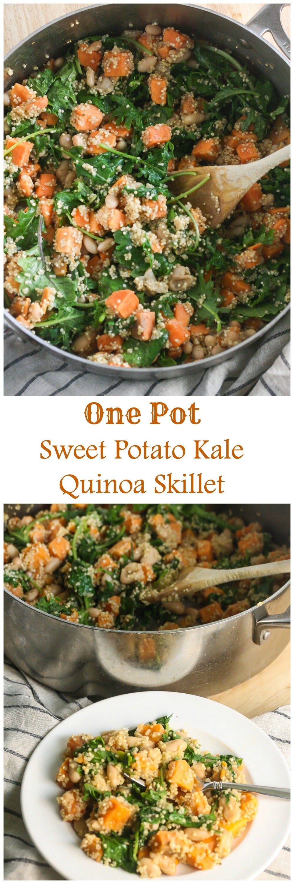 One Pot Sweet Potato Kale Quinoa Skillet that will be ready in under 30 minutes from Lauren Kelly Nutrition.