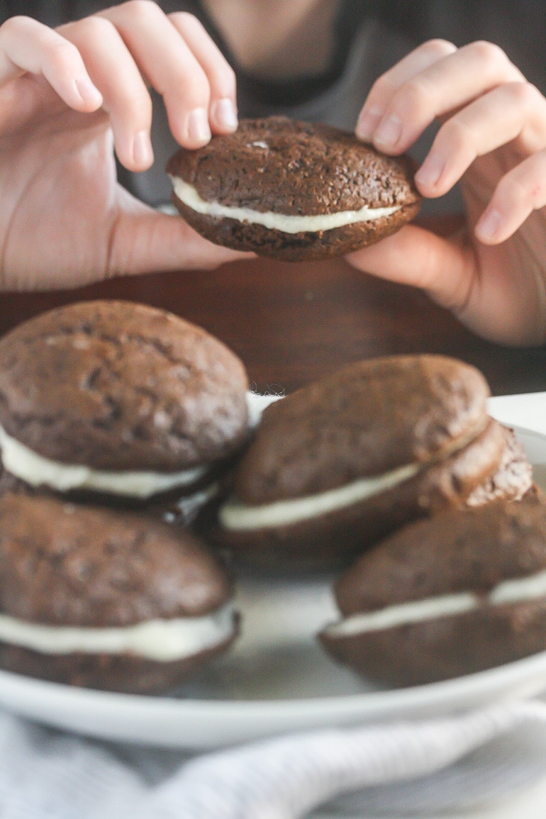 These Vegan Whoopie Pies from Lauren Kelly Nutrition have a cake-like texture and a sweet, whipped filling.