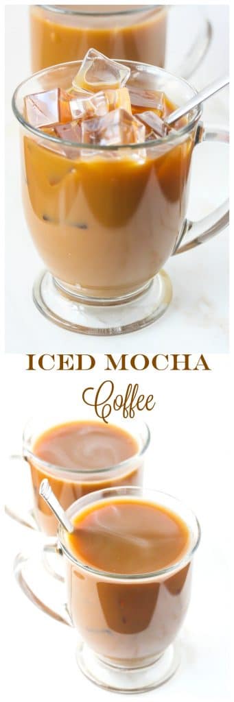 Long vertical pictures of close up Iced Mocha Coffee with ice cubes in a clear mug.