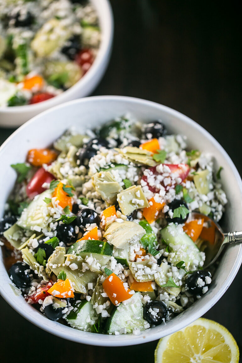 Greek Artichoke Cauliflower Rice Salad {Keto, Low Carb, Gluten-Free, Vegan}