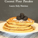 Stack of coconut flour pancakes on a white plate with text above them.