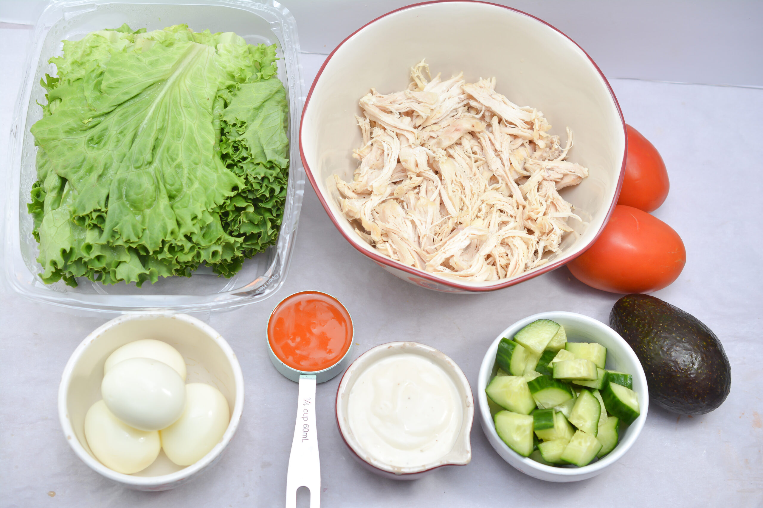 Ingredients for Buffalo Chicken Cobb Salad.