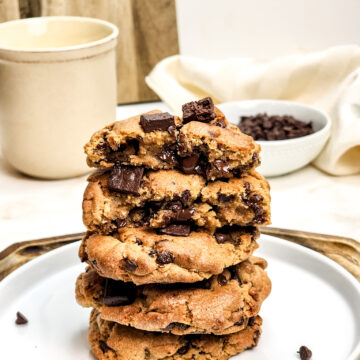 Stack of air fryer chocolate chip cookies.