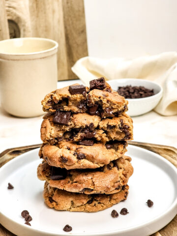 Stack of air fryer chocolate chip cookies.