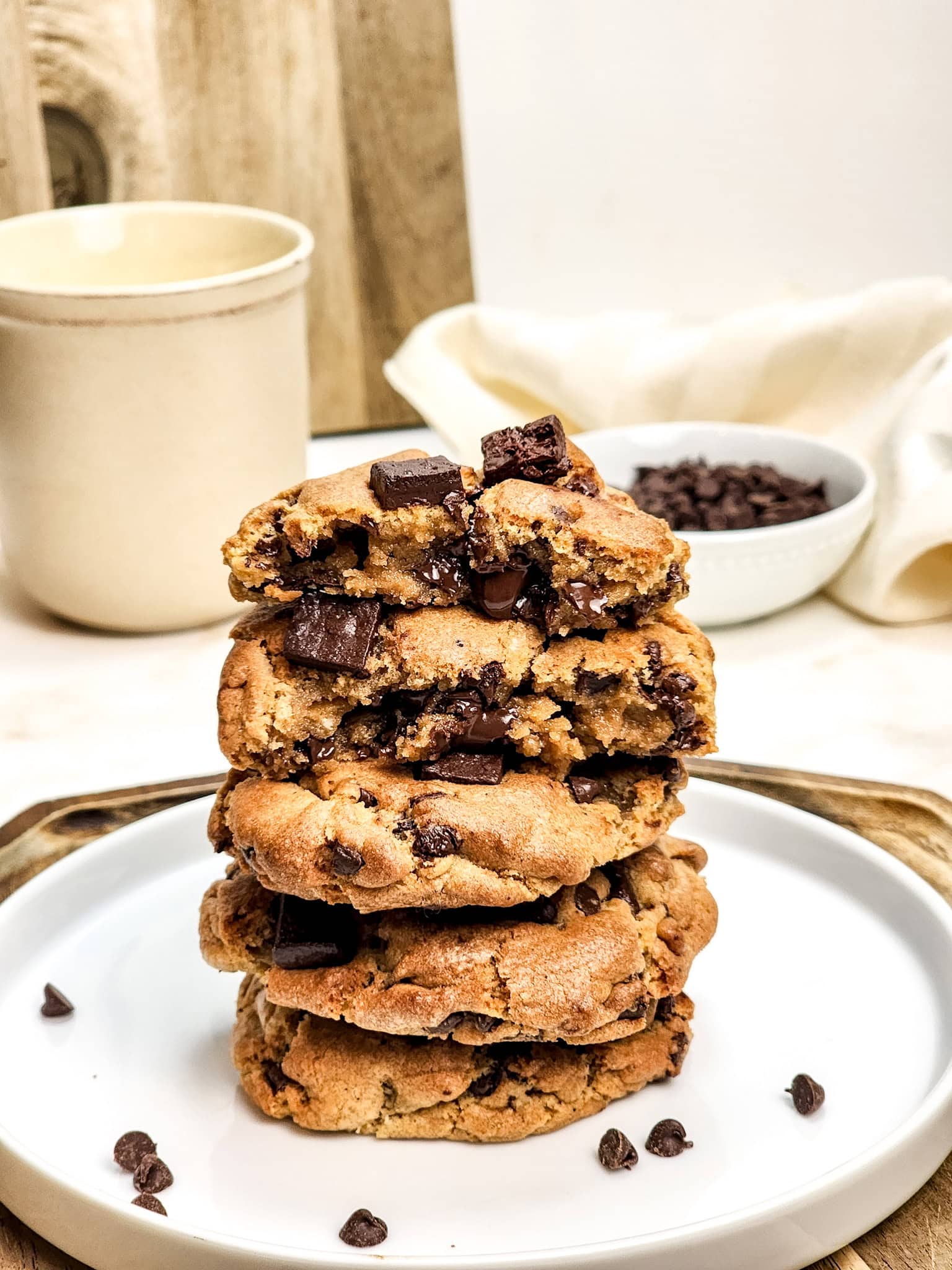 Stack of air fryer chocolate chipc ookies.